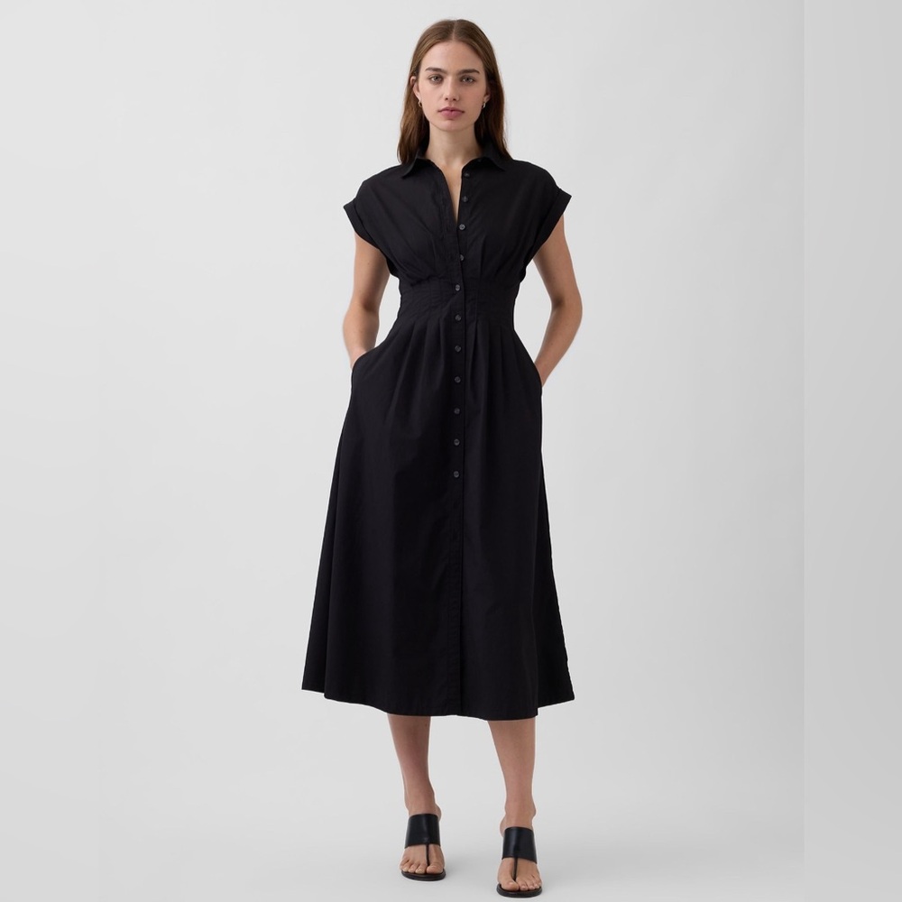 NWT! GAP Black Poplin Cinched Midi Shirtdress - Multiple #875487 🎻